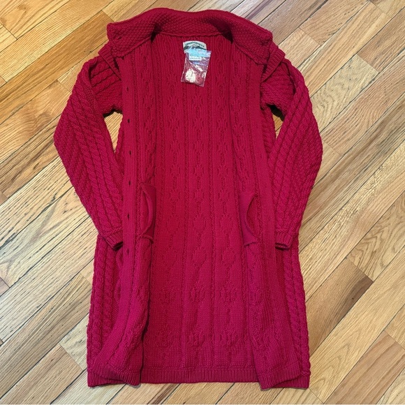 Aran Crafts Ireland Merino Wool Cable Knit Long Cardigan Red Women’s Sz XS NWOT - Picture 13 of 13